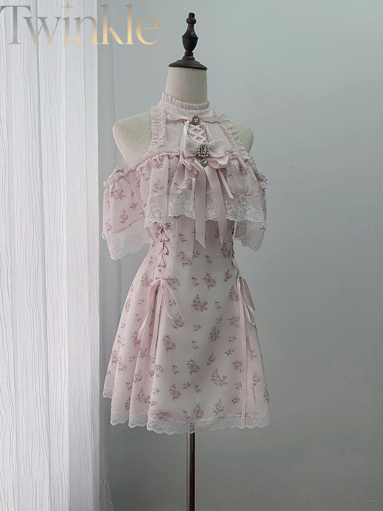 Midi Dress - Zomerjurk met bloemenprint, off-shoulder model, Japanse