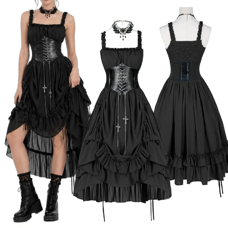 Midi Dress - Vrouwen Gothic Jurk Corset Slip Zwart
