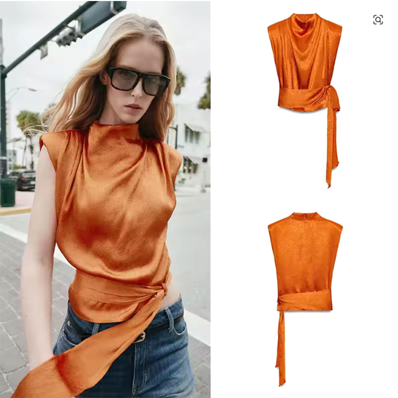 Silk Blouse - Satijnen mouwloze crop top met sjaalkraag,