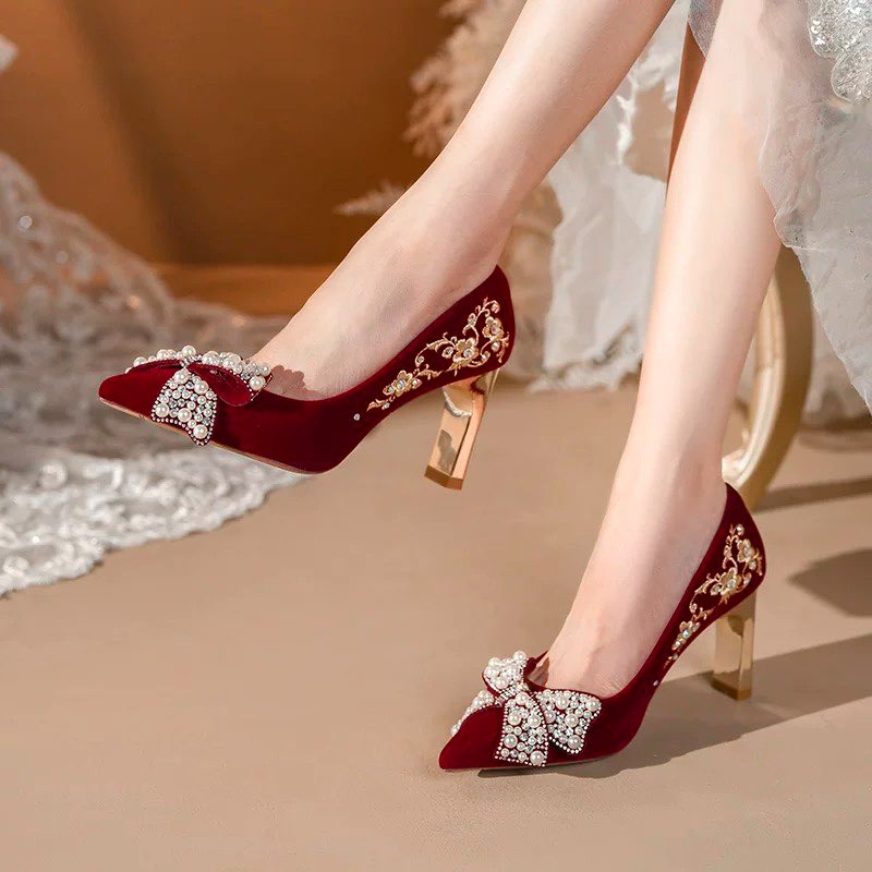 Pump Heel Block - Geborduurde blokhak enkele schoenen dames puntige