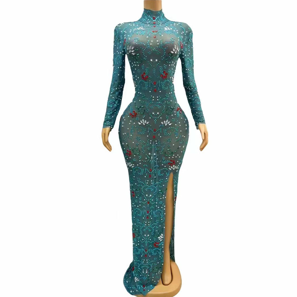 Women'S Red Formal Wear - Sexy Podium Luxe Blauwgroene Rode Steentjes