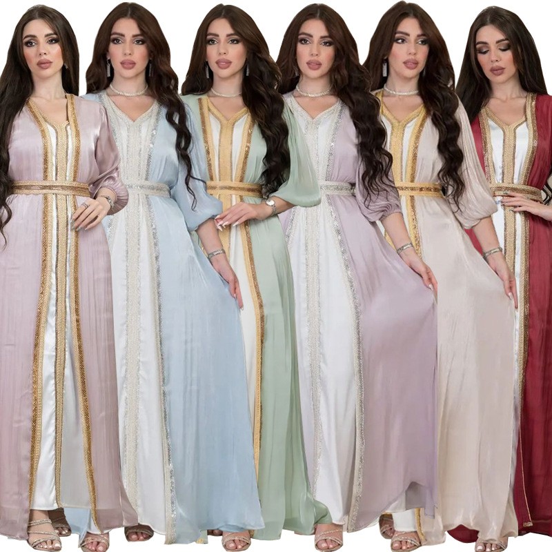 Evening Gown - Lavendelkleurige paillettenjurk met V-hals, pofmouwen, satijnen